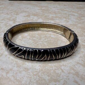 Vintage Zebra Stripe Hinged Bangle Bracelet Black Enamel Silver Tone